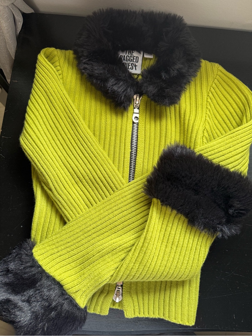 The Ragged Priest Lime Green Ribbed Zip Sweater with Black Faux Fur Trim